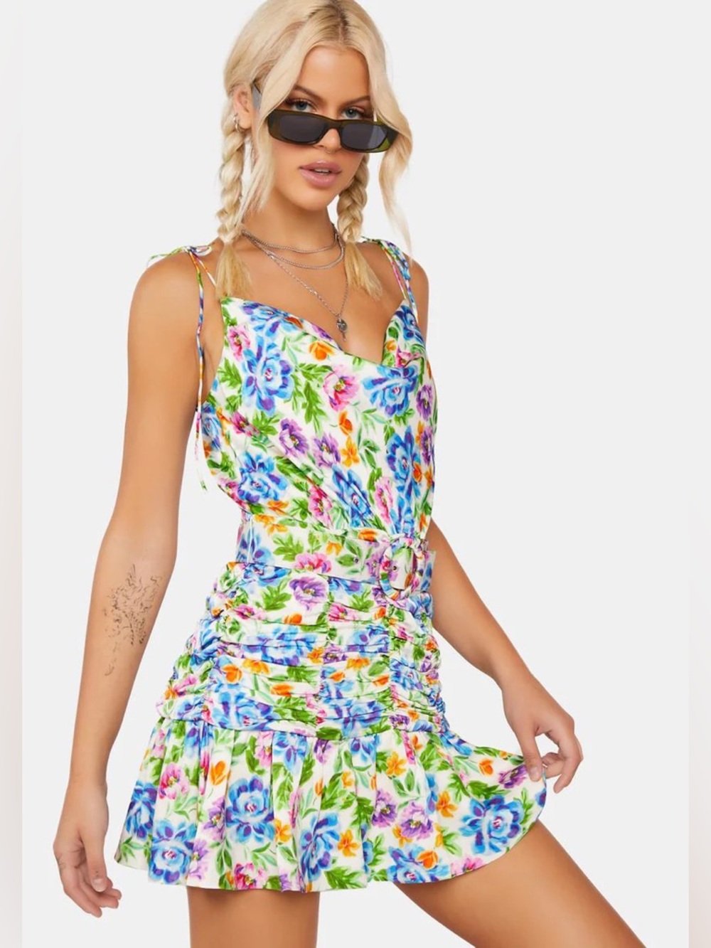 NEW For Love And Lemons Miranda Floral Belted Mini Dress Multicolored XS Garden
